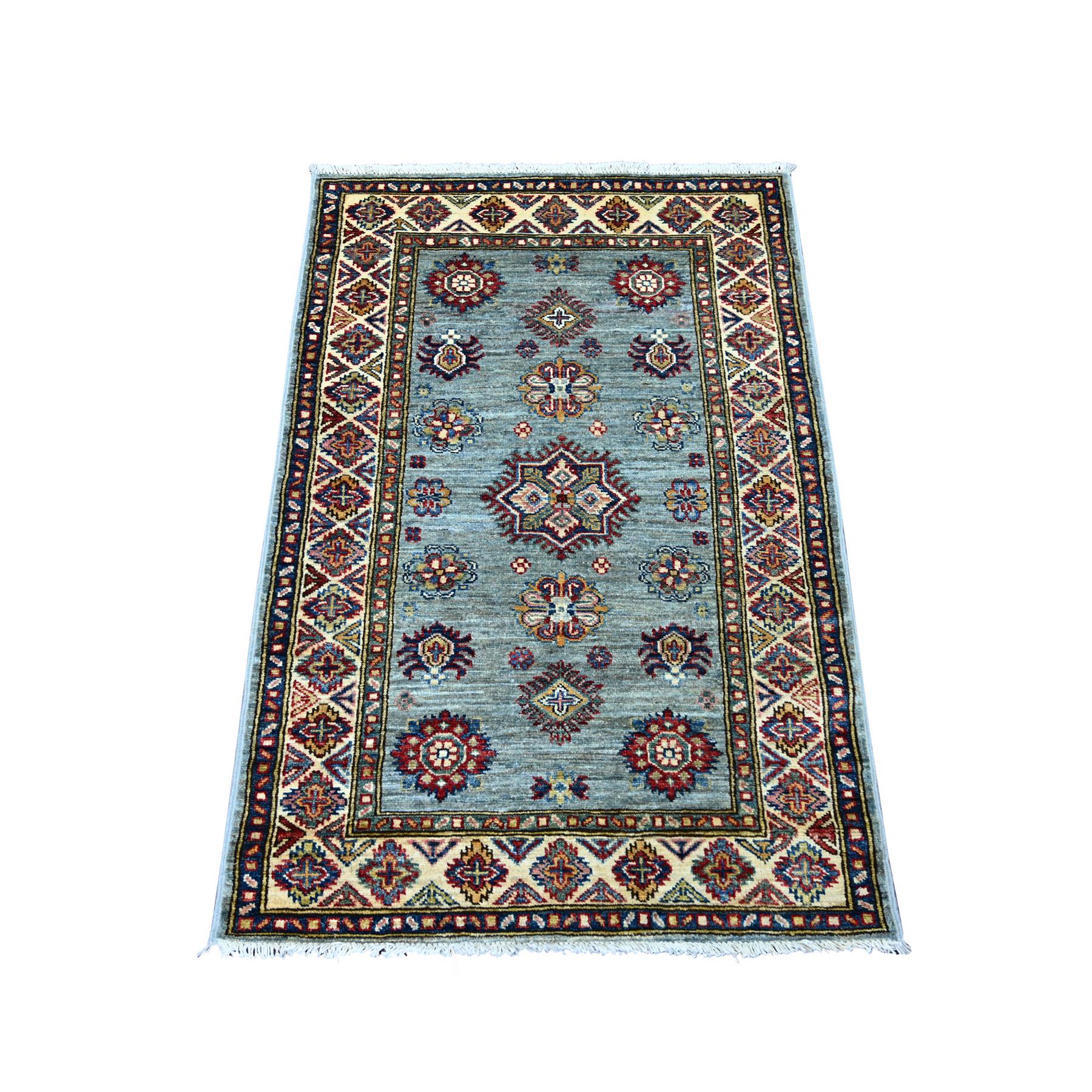 2'7"x3'10" Misty Gray, Pure Wool, Afghan Super Kazak with Geometric Motifs, Hand Knotted, Vegetable Dyes, Sample, Mat, Oriental Rug 
